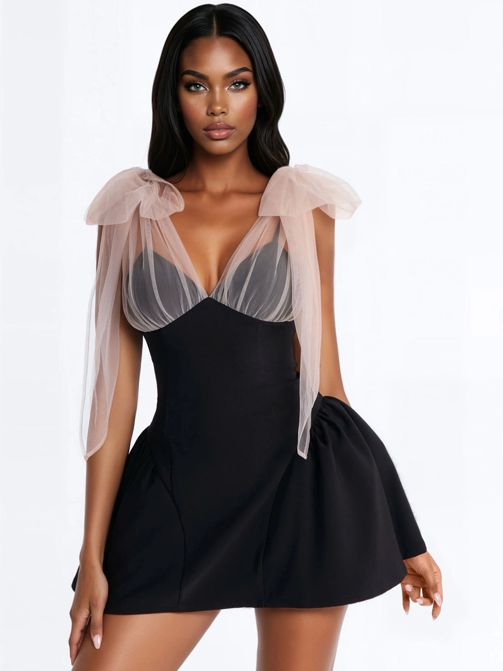 Black Mini Dress with Blush Tulle Tie-Strap Details